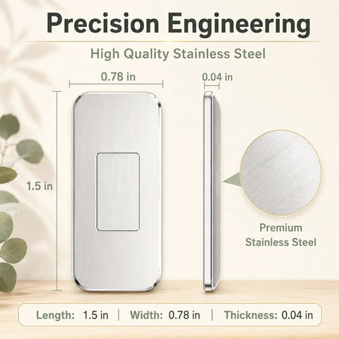 Six Pack Magnetic Cabinet Door Catches Ultra-Thin Adhesive Latches made of stainless steel, showcasing dimensions of 1.5 x 0.78 x 0.04 inches.