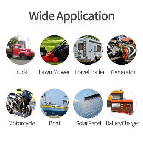 Wide application of 10 AWG 20 Ft Alligator Clip To SAE Connector Cable with various vehicles and devices like trucks, lawn mowers, and solar panels.