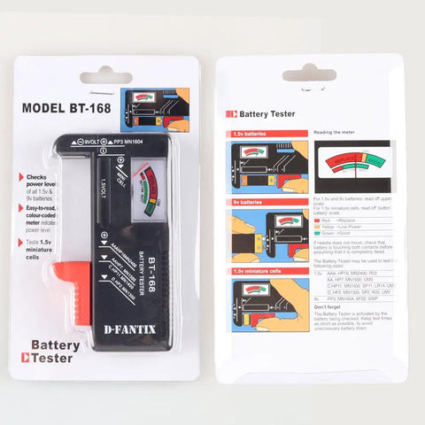 Compact Universal Battery Tester For AA AAA C D 9V And Button Cell Batteries BT 168 packaging front and back view