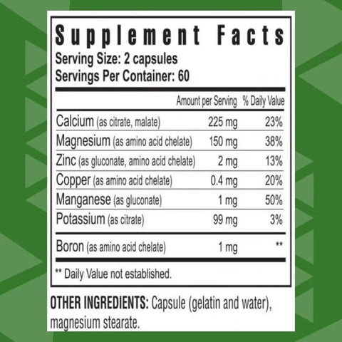 Supplement facts for Bio Calcium Chelated Mineral Complex With Magnesium Zinc Copper Potassium Boron For Boss Absorption And Bone Health