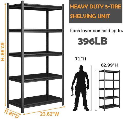 14 Inch Deep 36 Inch Wide 5 Tier Heavy Duty Steel Shelving Rack For Industrial Garage Storage Pantry Warehouse Kitchen Basement Adjustable Ultra Durable And Wobble Free Supports Up To 2500 Lbs Total Load, black steel, dimensions and capacity details.