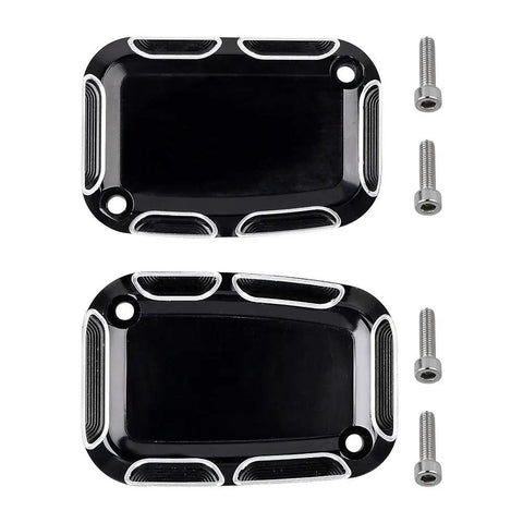 Premium CNC Machined Brake Clutch Master Cylinder Covers For Custom Cruisers Badass Edge Cut Anodized Aluminum Finish black covers with screws.