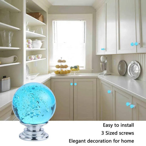 Hella Elegant 10 Pack 30 Millimeter Aqua Blue Crystal Cabinet Knobs Round Glass Bubble Drawer Handles K9 Crystal Zinc Alloy Furniture Hardware For Home Dresser Closet Pulls in kitchen setting.