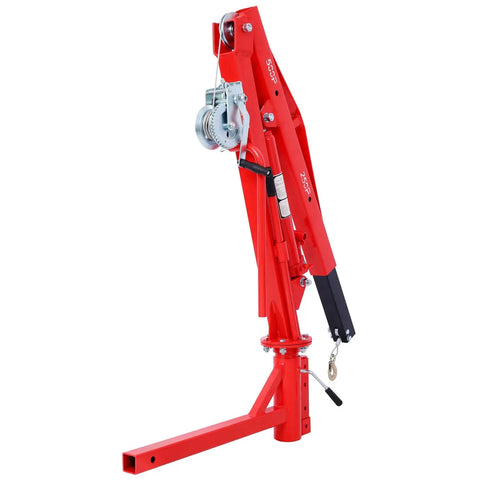Heavy Duty Hydraulic Jib Crane With Hitch Mount Lift For Pickup Trucks And Pwc Boats Features Rock Solid Steel Frame, red color, side view.
