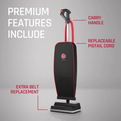 Hoover Commercial Superior Lite Upright Vacuum Cleaner Lightweight at Nine Pounds With Forty Foot Cord For Deep Carpet Cleaning And Powering Through Toughest Messes In Offices Or Small Shops Easy Maneuvering Design with carry handle and replaceable cord.