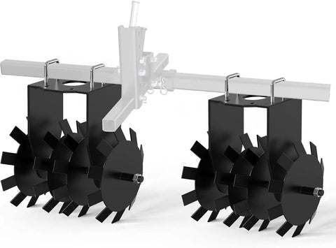 ATV UTV Towed 32 Inch Heavy Duty Disc Harrow With Universal 2 Inch Hitch shown from side angle, metal-hardened discs visible