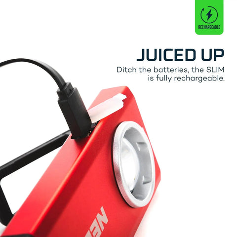 Slim Pocket Flashlight With 500 Lumens Rechargeable Mini EDC Work Light Magnetic Base Dimmable Brightness Durable Water Resistant Includes Charging Cable Red showing USB charging