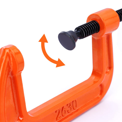 Close-up of Heavy Duty Malleable Iron C Clamp Set Three Piece With 1 Inch 2 Inch And 3 Inch Jaw Openings in use with adjustable screw