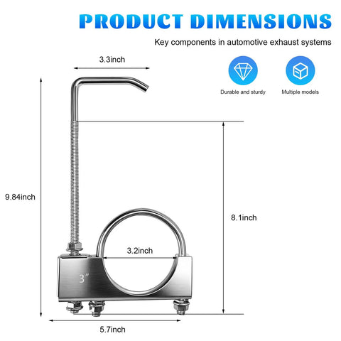 3 Inch Heavy Duty Exhaust Pipe Clamp And Universal Adjustable Muffler Hanger Bracket dimensions in inches, reinforced steel design.