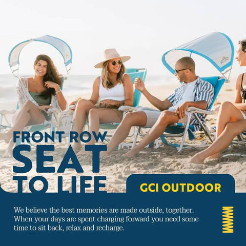 Friends relaxing on SunShade Backpack Beach Chair With Adjustable Canopy at the beach.