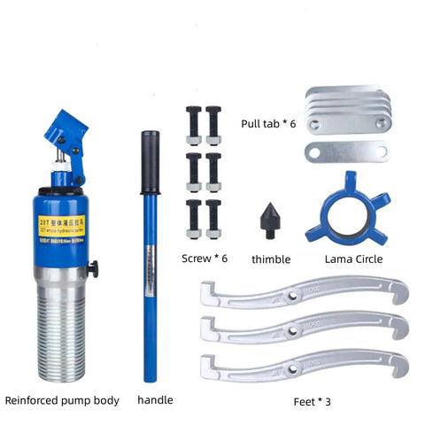 Heavy Duty Hydraulic Gear Puller Built Like A Tank With 10 Ton Max Force and multiple accessories including screws and pull tabs.