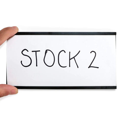 Heavy Duty 10 Pack Magnetic C Channel Label Holders 3X6 Inch displaying 'STOCK 2' in a black and white tag design.