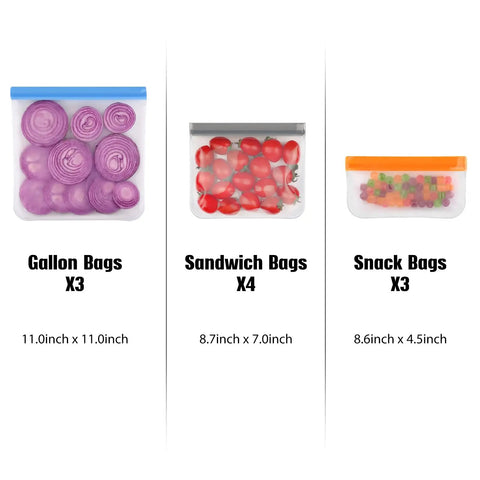 Mega 10 Pack Reusable Freezer Bags Dishwasher Safe Zero Hassle Food Storage Containers featuring gallon, sandwich, and snack sizes.