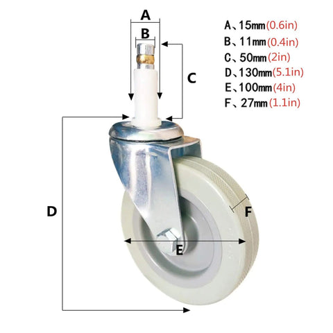 Heavy Duty Four Inch Swivel Caster Wheels Built Tough To Handle Heavy Loads While Rolling Smooth Across Concrete Or Shop Floors, detailed dimensions shown.