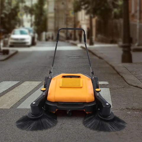 41.34 Inch Heavy Duty Manual Floor Sweeper With 14.53 Gal Dustbin For Outdoor Patios Driveways High Efficiency Hand Push Brush Sweeping Tool in use on a street.