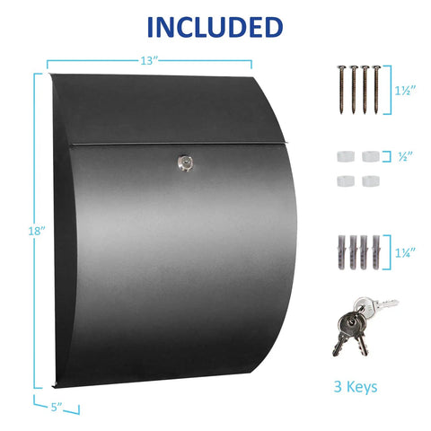 Locking Wall Mount Mailbox For Home, Large 18x13x5, Weatherproof Steel, Secure Lock, Rustproof Letter Box, Modern Black Finish, with keys.