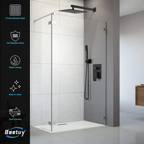 Straight Up Tough Matte Black Shower Faucet Set Featuring A 10 Inch High Pressure Rain Shower Head And Solid Brass Pressure Balance Valve For Hella Smooth Daily Showers in modern bathroom setting.