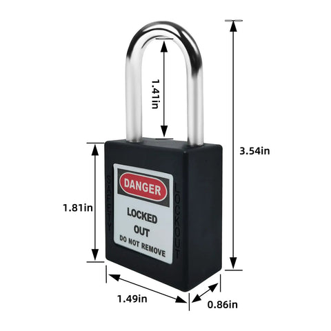 Solid As A Rock Five Piece Keyed Different Lockout Tagout Safety Padlock Set Black OSHA Approved Pads dimensions: 3.54in x 1.49in x 1.81in.
