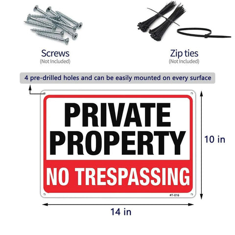 No Trespassing Private Property Sign 14x10 Inch Aluminum Weatherproof Outdoor Yard Fence Durable UV Printed Two Pack For Home And Biz Use Deter Intruders With High Visibility Red And Black. 14x10 sign with screws and zip ties illustration