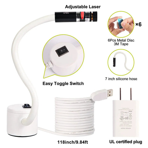 Magnetic Quilting Light With Crosshair Guide Adjustable Red Laser for Straight Stitching, silicone hose, USB plug, toggle switch