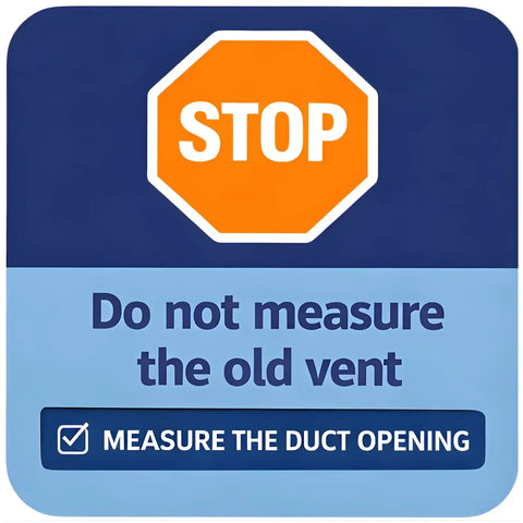 Stop sign graphic advising to measure duct opening, not the old vent, for Sturdy Steel Return Air Grille For 24x6 Duct Opening White Vent Cover.