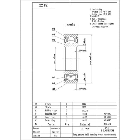 Technical drawing of 10 Pack R8 Zz Mini Chrome Steel Sealed Ball Bearings dimensions and specifications.
