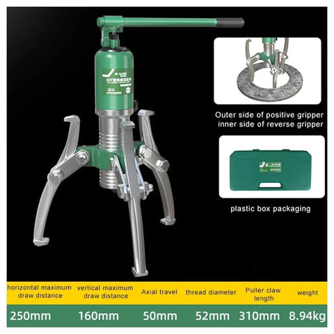 Bad Ass Heavy Duty 10 Ton Hydraulic Bearing Puller Separator Kit With Two Or Three Jaw Gear Puller Tool For Hub Flanges Machines Featuring 360 Degree Rotating Pump Head Built From Forged Alloy Steel That Crushes Any Tough Job., 3-jaw hydraulic puller with 250mm spread, 160mm reach, in plastic case