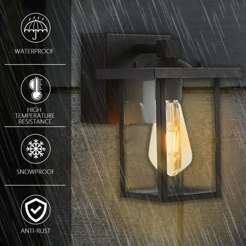 Outdoor Wall Light With GFCI Outlet, Black Exterior Sconce, Waterproof Wall Mount Fixture, shown in rain on porch wall.