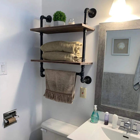 Industrial Rustic Bathroom Shelves Wall Mounted 19.7 Inch Two Tier With Towel Bar, Metal Pipe Storage above toilet