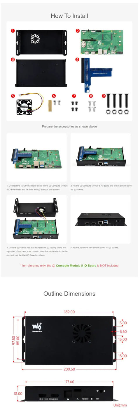 Beefed Up Metal Case For Compute Module 5 IO Board CM5 With Cooling Fan, Dustproof Enclosure, 40-Pin GPIO Adapter shown with components