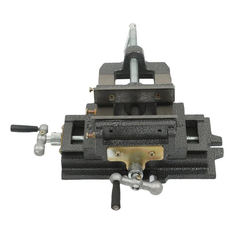 Heavy Duty 5 Inch Cross Slide Drill Press Vise For Woodworking Rock Solid Cast Iron Milling Fixture, showing adjustable crank mechanism.