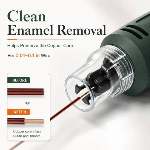 Handheld Electric Magnet Wire Stripping Machine With Six Speed Settings For Precise Enameled Copper Wire Removal showing before and after enamel removal.