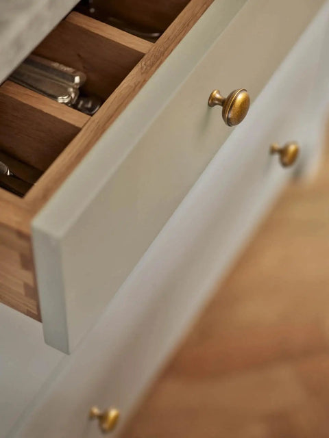 Antique Brass Cabinet Knobs 6 Pack Set, Zinc Alloy Drawer Pulls installed on kitchen cabinet, vintage hardware, classic retro look.