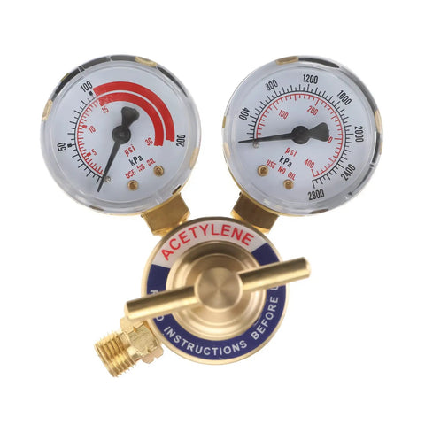 Brass CGA 200 acetylene regulator with clear boss level gauges from Five Piece Air Acetylene Welding Kit With Swirl Torch.