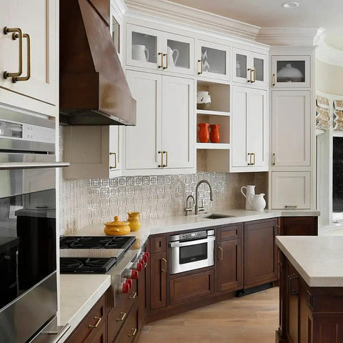 Modern kitchen with Five Inch Center To Center Warm Champagne Bronze Modern Cabinet Pulls In Brushed Zinc Alloy on white cabinets.