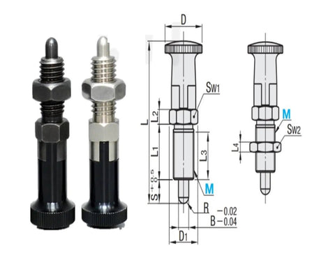 Sleek Indexing Plunger Pin With Self Locking Fine Thread Positioning Knob For Industrial Equipment And Machinery Offering Rock Solid Stability And No Sweat Adjustments Designed For Skilled Trades Who Crave Dead Nuts Accuracy On The Job Site diagram showing dimensions and features.