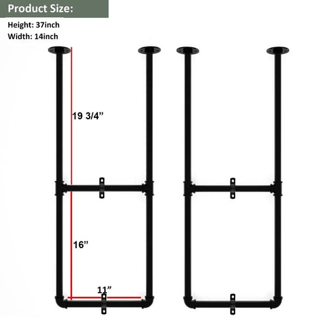 Industrial 37 Inch Ceiling Mount Shelf Kit in Black with plumbing pipe brackets, dimensions annotated, for kitchen storage.
