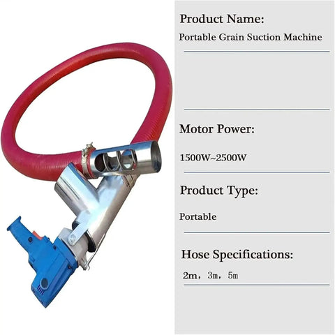 Heavy Duty Grain Suction Pump For Home Use With High Suction Power shown with red flexible hose and motor