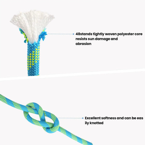 Close-up of half inch by hundred feet arborist tree climbing rope showing tight weave and knot for reliable use.