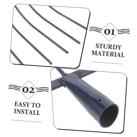 Heavy Duty Iron Manure Fork For Lawn Maintenance And Mulch Clearing Handheld Garden Tool with Five Teeth Design close-up.