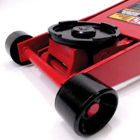 Close-up of Heavy Duty Hydraulic Low Profile Floor Jack With Dual Piston Quick Lift Pump And 3.5 Ton 7000 Lb Capacity wheels and base.