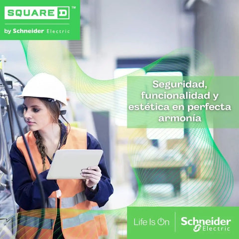 Engineer in hard hat using tablet in industrial setting, Square D by Schneider Electric, "Seguridad, funcionalidad y estética en perfecta armonía" text displayed