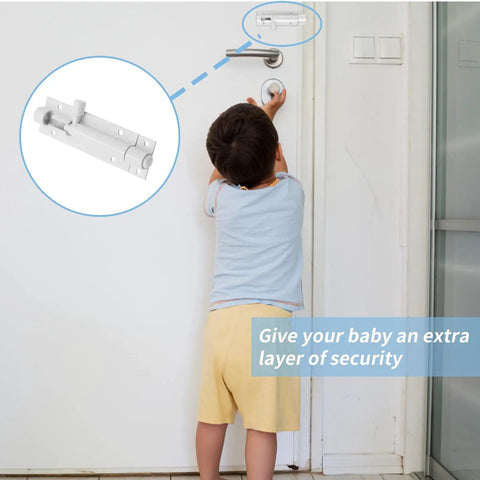 Built Tough 3 Inch Barrel Bolt Lock In Crisp White Heavy Duty Stainless Steel Slide Latch used on a door by a child.