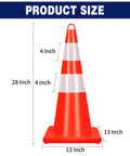 High Visibility Orange Traffic Cones Set Of 10 With Reflective Silver Collars For Construction And Road Work, 28 Inch PVC Safety Cone with size dimensions labeled.