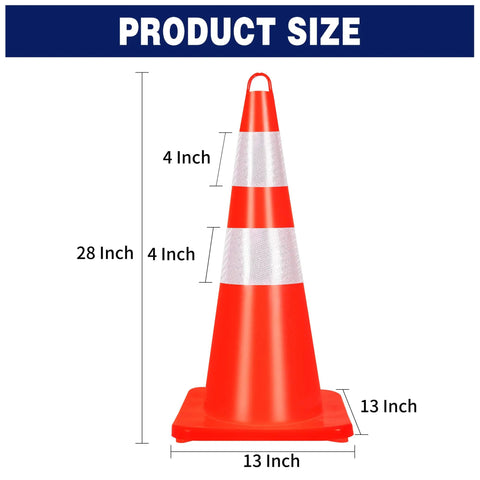 High Visibility Orange Traffic Cones Set Of 10 With Reflective Silver Collars For Construction And Road Work, 28 Inch PVC Safety Cone with size dimensions labeled.