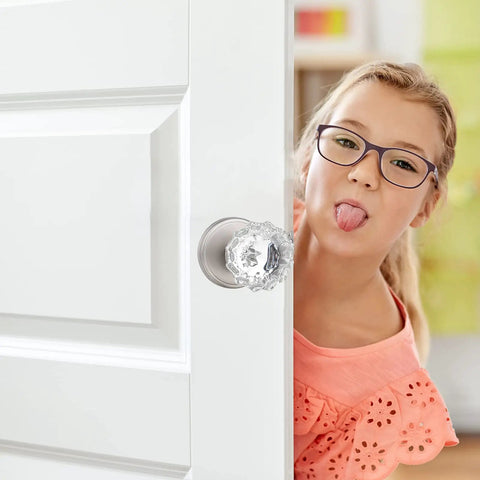 Crystal Half Dummy Glass Door Knob Set For Hall And Closet Interiors on white door, child peeking, Satin Nickel Finish, Modern Sparkle