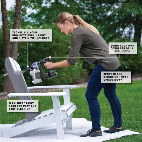 Professional Grade Drill Powered Paint Sprayer in use on an adirondack chair, showcasing its ease and adaptability for DIY projects.