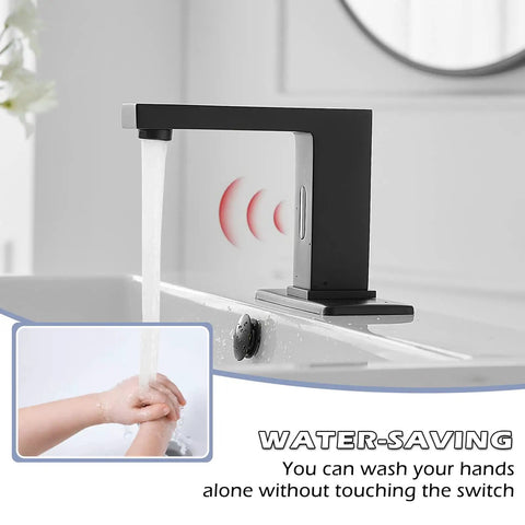 Touchless Bathroom Faucet Matte Black With Motion Sensor Hands Free Sink Faucet For Commercial Or Home Use Modern Single Hole Vanity Tap With Deck Plate Hot And Cold Mixer streaming water