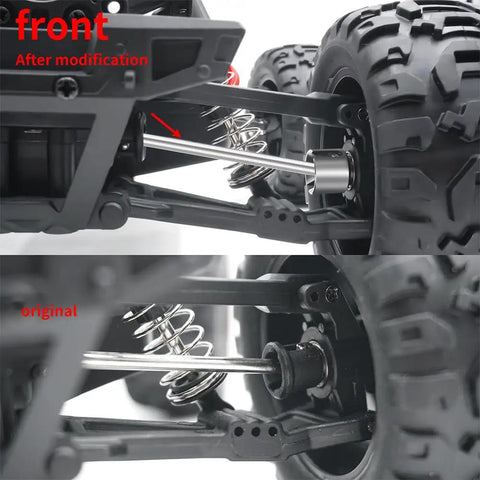 Comparison of front axle with upgraded Beefy 4 Piece RC Front And Rear CVD Driveshaft Set for 1/16 scale trucks.