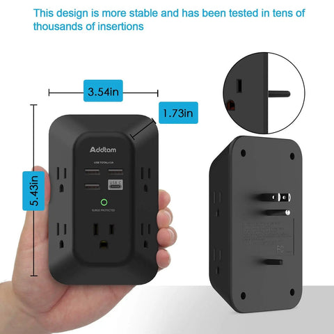 USB Wall Outlet With Surge Protector 5 Outlets And 4 USB Ports Including USB C 1800 Joules 3 Sided Widely Spaced Power Strip